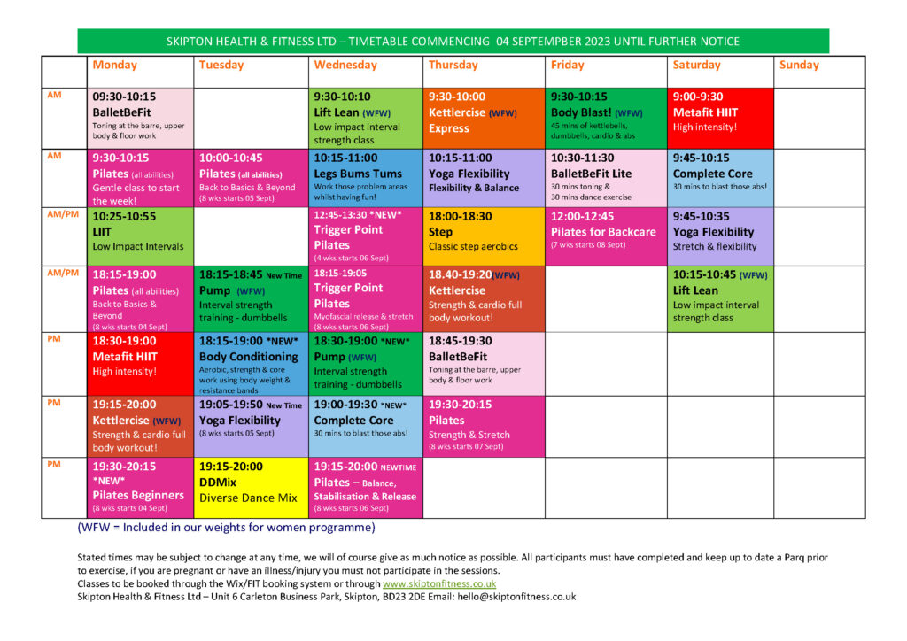Skipton fitness Timetable Sept 23