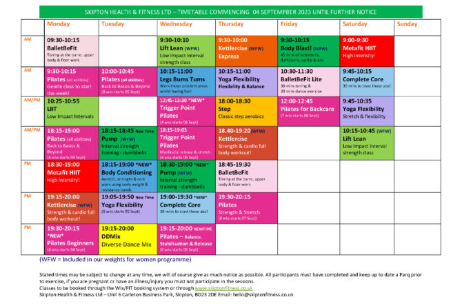 New Fitness Timetable – January 2024